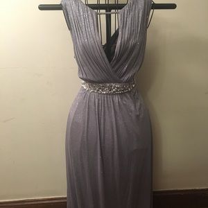 V-neck sleeveless Long Silver glittered dress